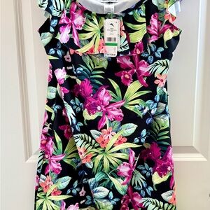 Tommy Bahama Tropical Sleeveless Dress in nylon & spandex with neckline ruffle.